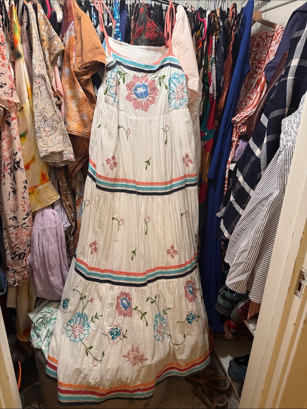 Anthropologie White Floral Maxi Dress with Pink and Blue Accents - Picture 2 of 6